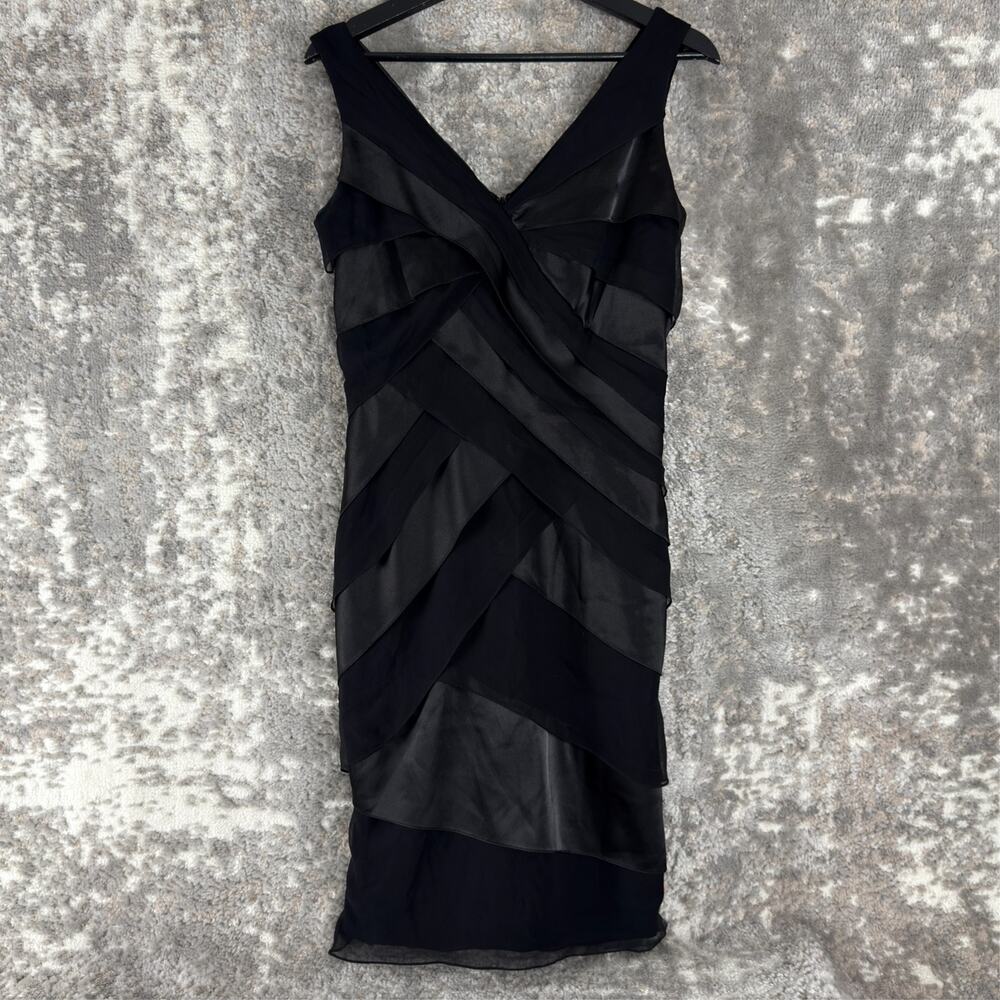 Tadashi Shoji‎ Size 8 Silk V Neck Knee Length Sheath Dress Black Sleeveless Zip